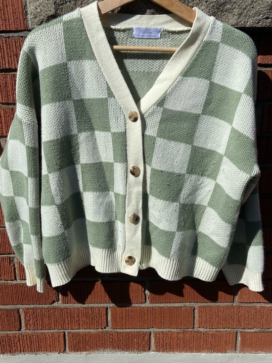 OAK + FORT Sweaters - OAK + FORT Checkerboard Button-Up Cardigan in Sage Green & Cream
